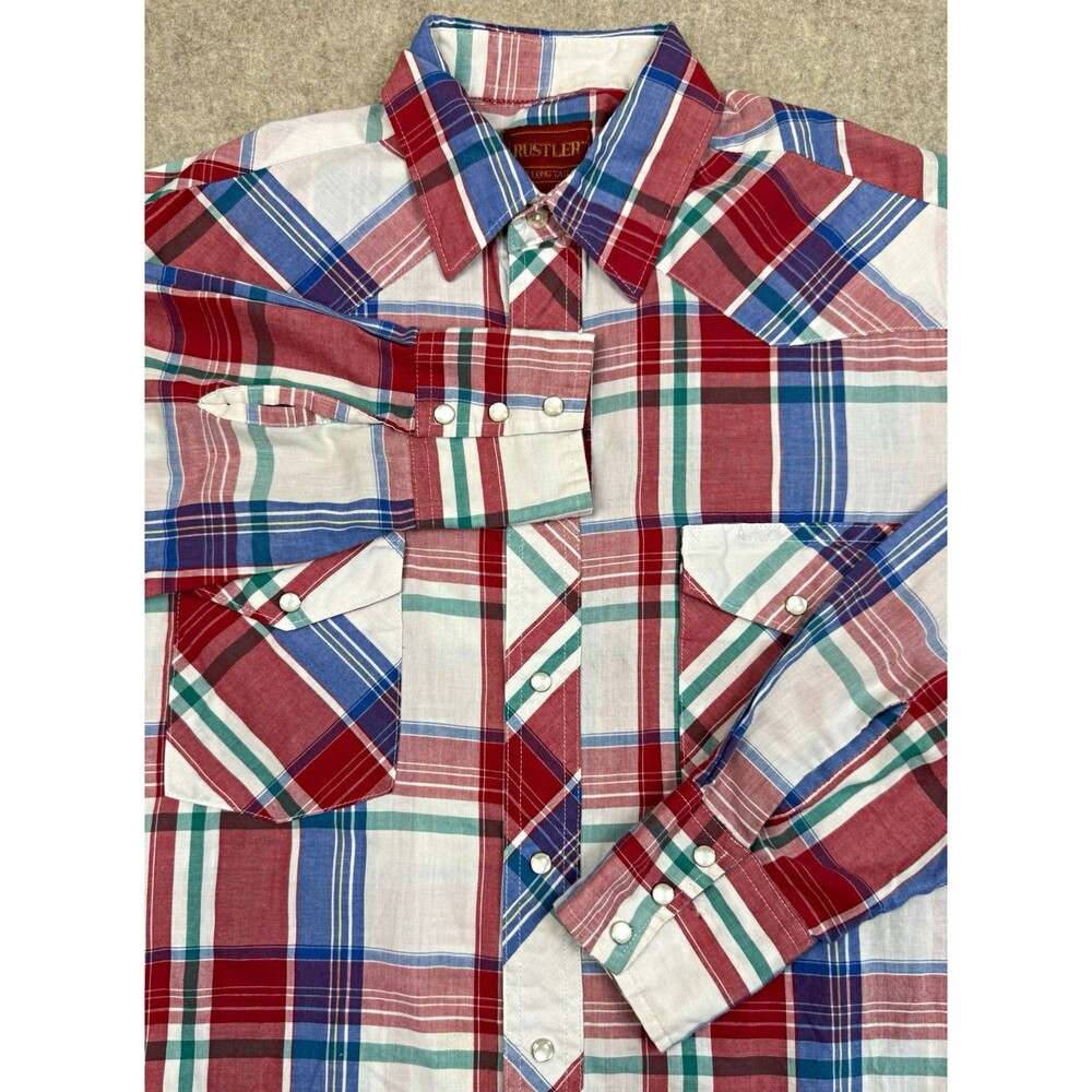 Rustler Men’s M X-Long Tails Plaid Long Sleeve Pearl Snap Shirt Pockets No Tag